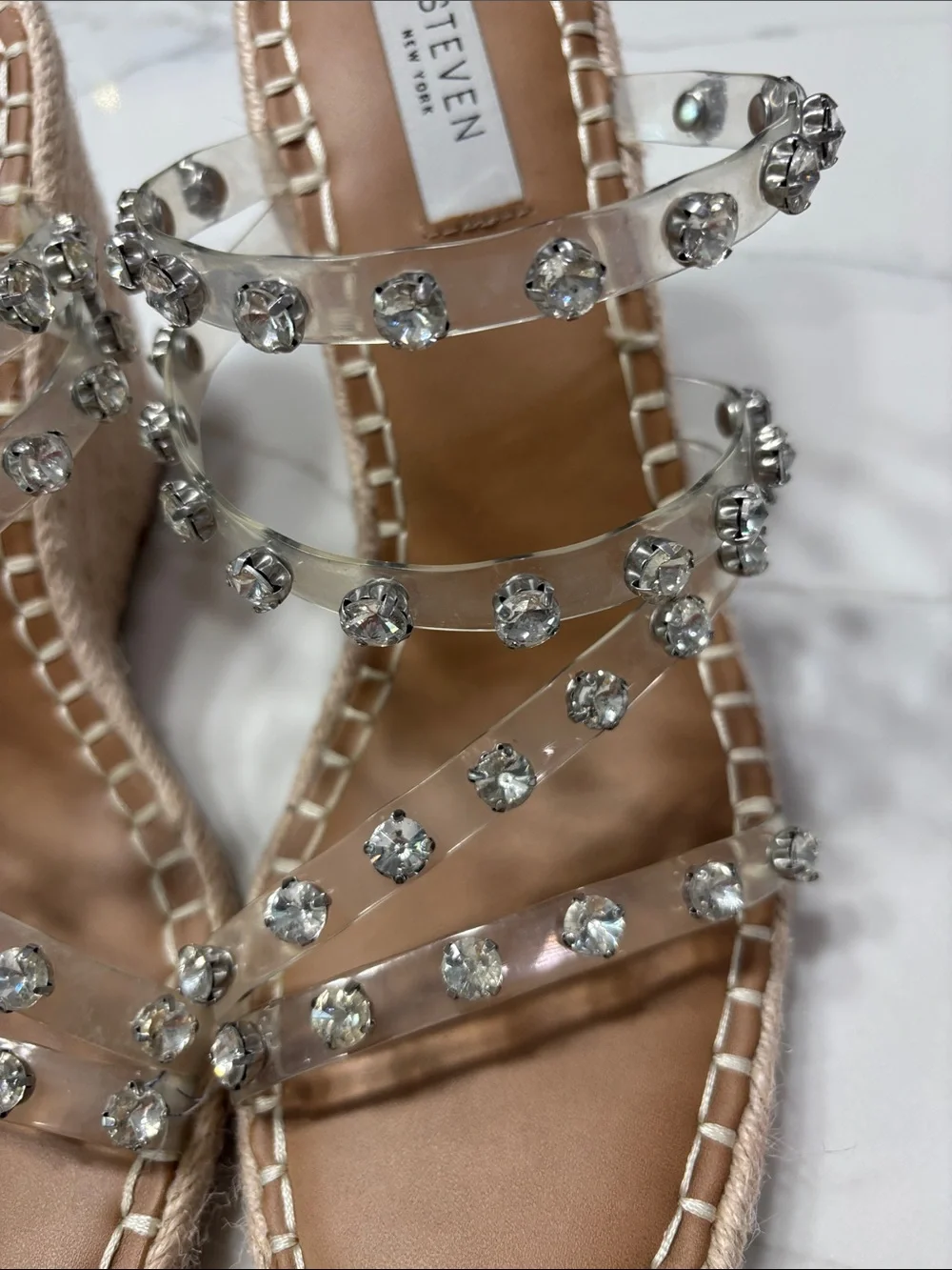 Steven Jeweled Clear Espadrille Wedge - Nude/Clear